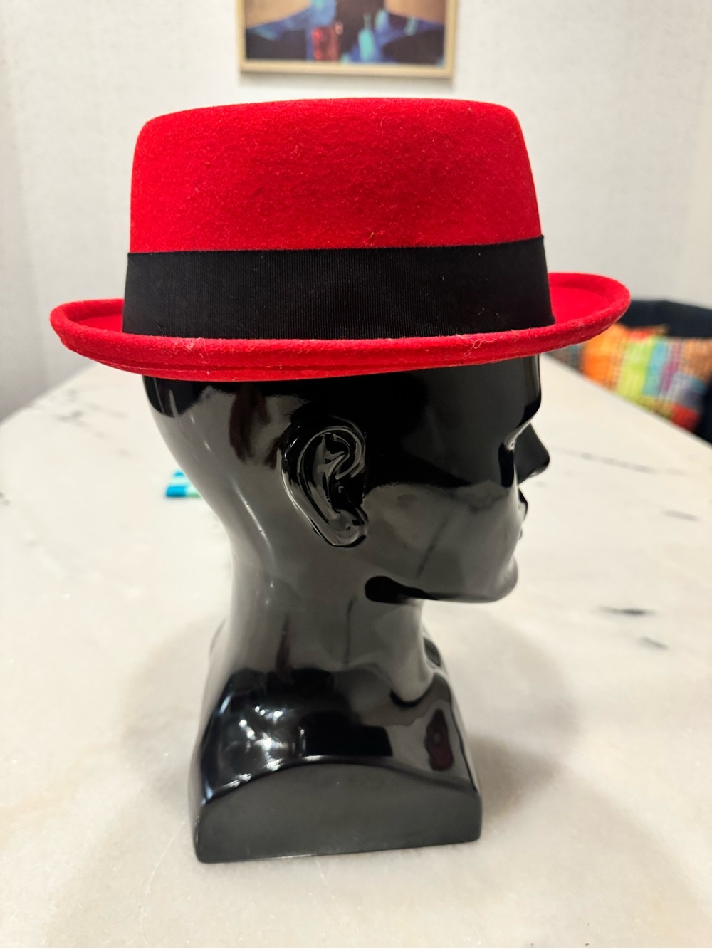 Red Wool Felt Pork Pie Hat with Black Band - Picture 3 of 9